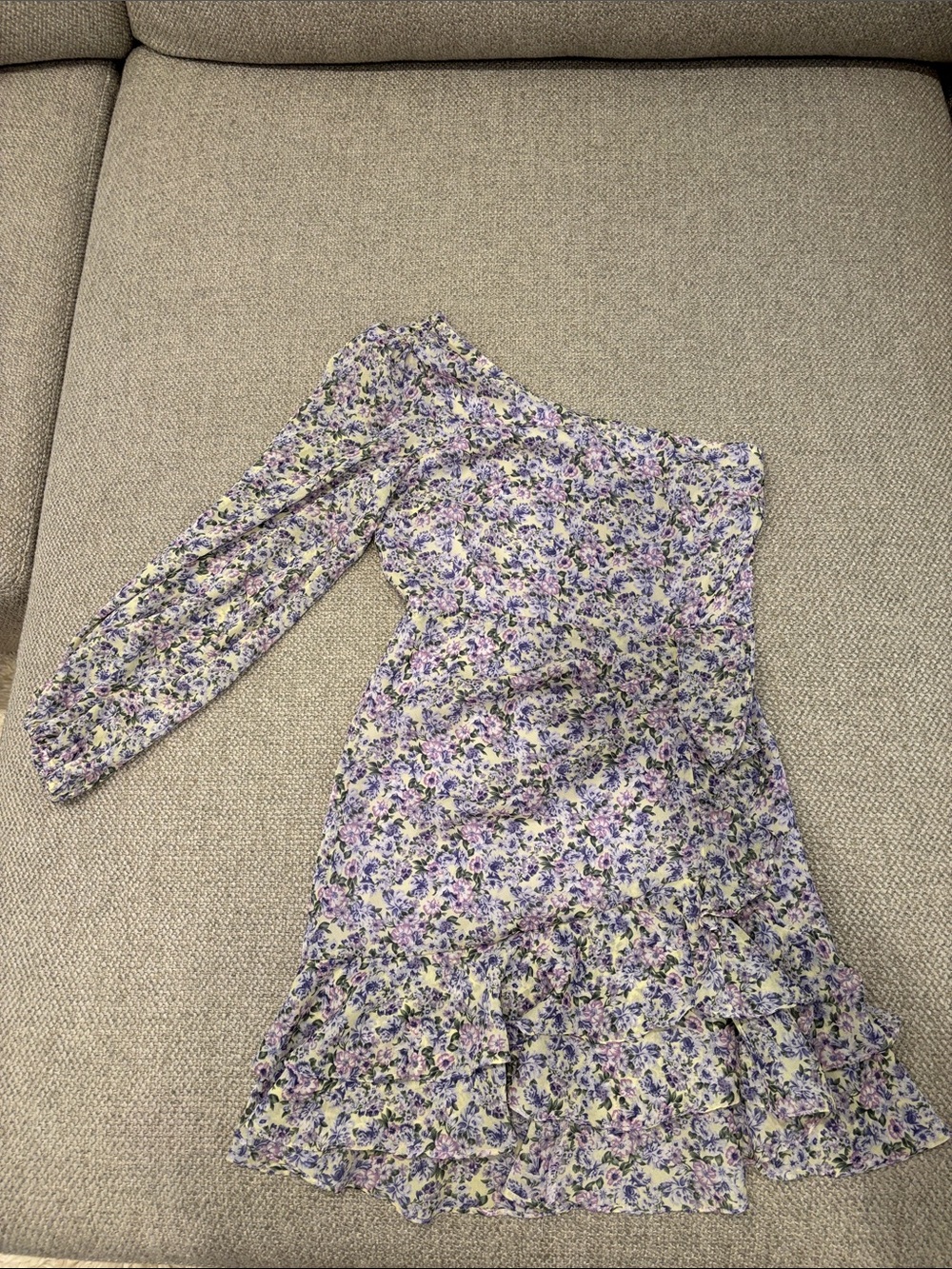 Astr One-Shoulder Floral Ruffle Dress in Lavender and White